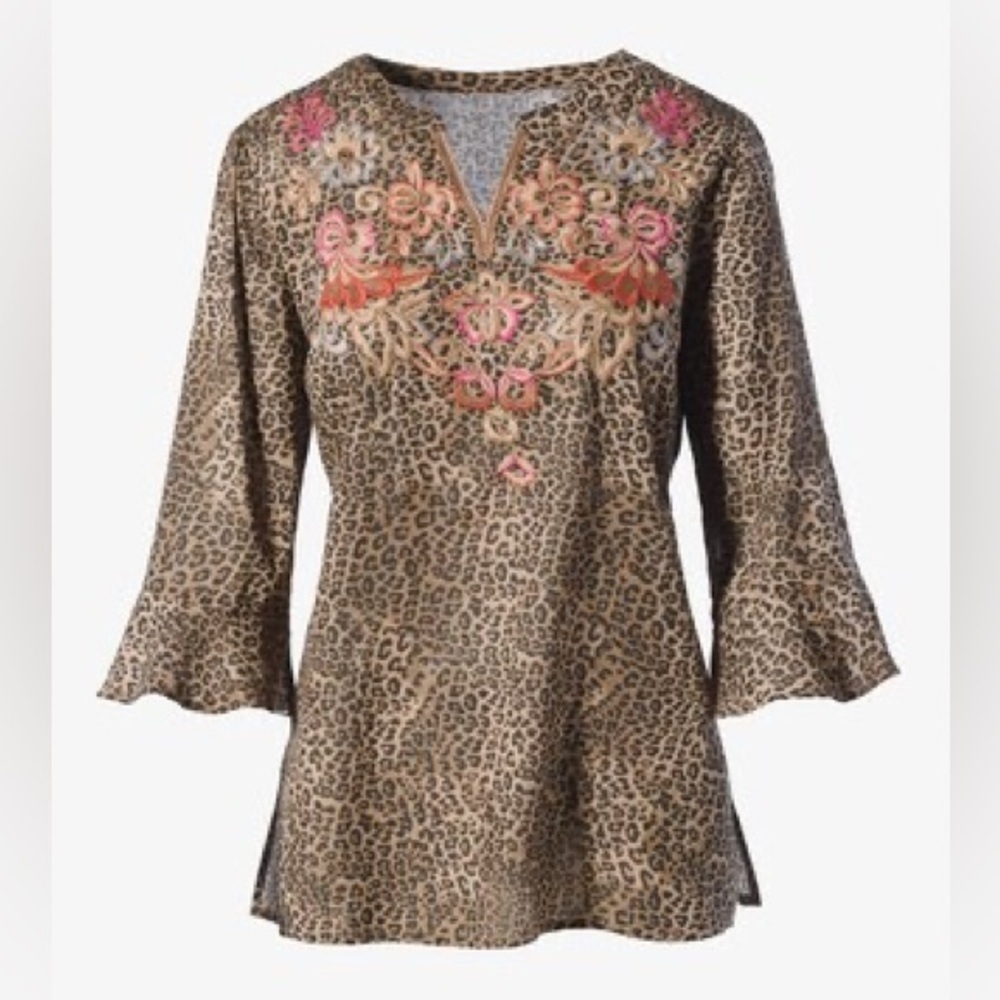 Chico's‎ Sassy Cheetah Leopard Embroidered Floral Bell Sleeve Popover Blouse Top